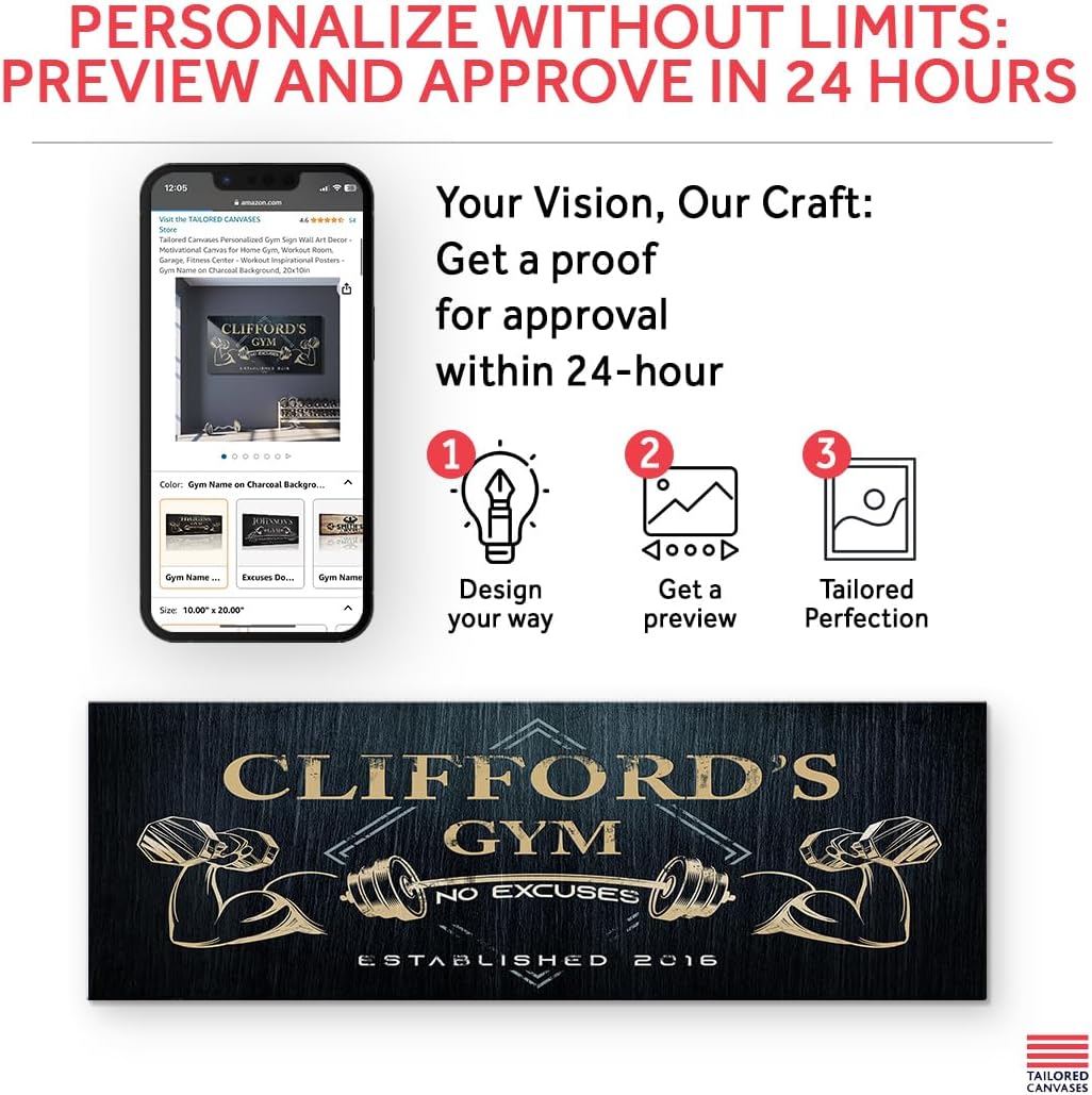 Tailored Canvases Personalized Gym Sign Wall Art Decor - Motivational Canvas for Home Gym, Workout Room, Garage, Fitness Center - Workout Inspirational Posters - Gym Name on Charcoal Background, 36x12in