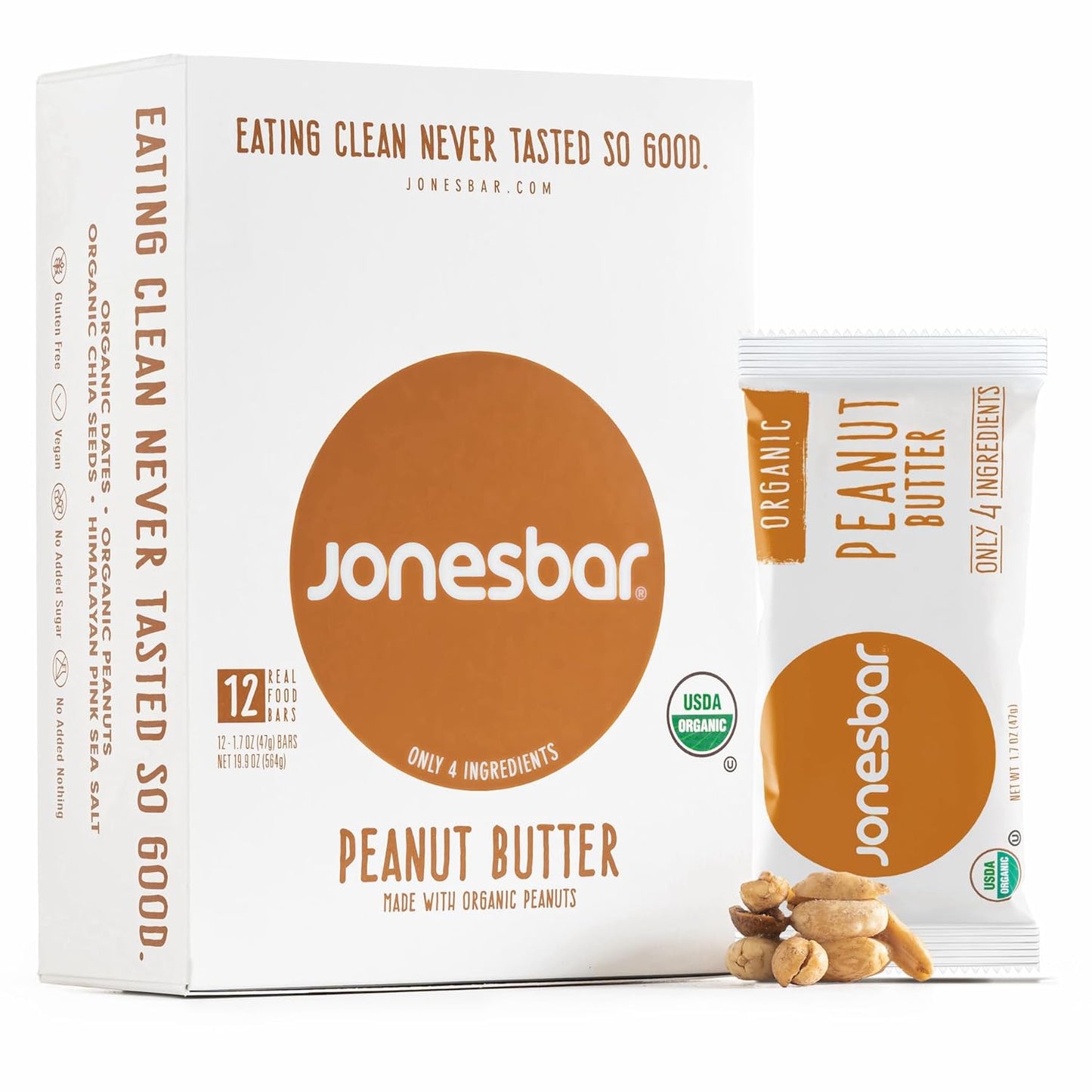 JONESBAR (Peanut Butter, 12 Count (Pack of 1)), USDA Organic Fruit & Nut Bar, Non-GMO, Kosher, Vegan, Gluten Free, Simple Snack Bar