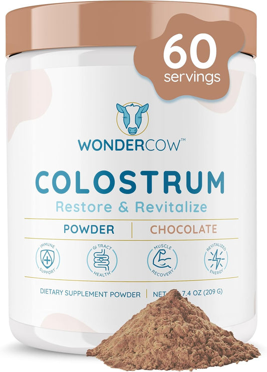 Colostrum Supplement Powder for Gut Health, Immune Support, Muscle Recovery & Wellness | Natural IgG Pure Whole Bovine Colostrum Superfood, Chocolate, 60 Servings