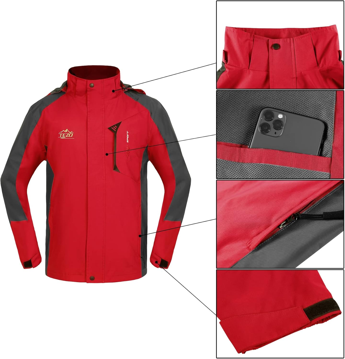 TEZO Mens Rain Jacket Waterproof with Hooded Hiking Coat Lightweight Windbreaker