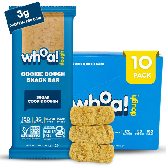 Whoa Dough Edible Cookie Dough Bars- Certified Non-GMO, Kosher and Gluten Free Bars - Healthy Snack Foods - Plant Based Snacks Made With Real Ingredients - Sugar Cookie Dough - 10 Pack