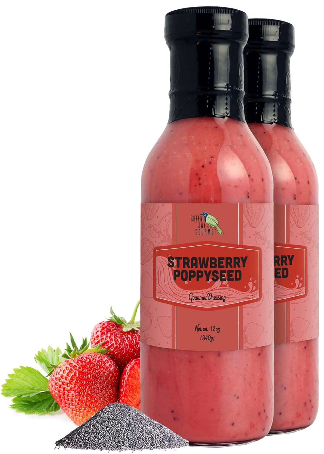 Green Jay Gourmet Strawberry Poppyseed Salad Dressing – Sweet & Fruity with a Hint of Tang – Handcrafted in USA – Great for Salads, Glazes & Marinades – 2 x 12 Ounces