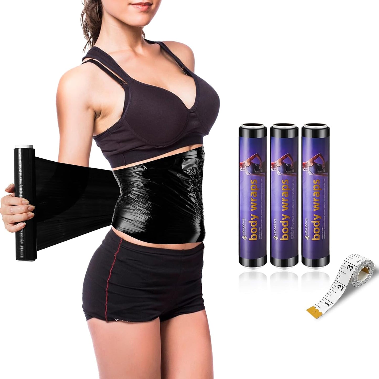 60 Meters Black Osmotic Plastic Body Wrap, Workout & Sweat Enhancer Stomach Film Body Applicator Power Wrap (3 Rolls)
