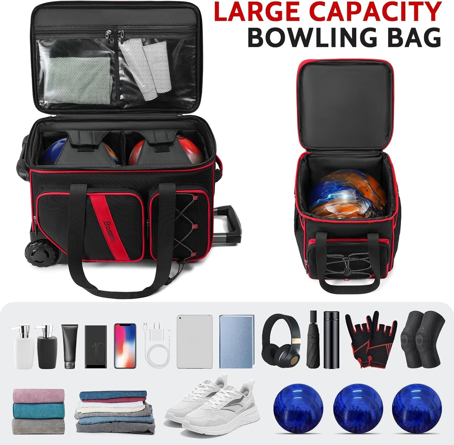 3 Ball Bowling Bag with Wheels, 2 Ball Bowling Bags Double roller with 1 Ball Add On Bag, Multi-Pockets & Shoe Compartment (Fits Up to Size 15)