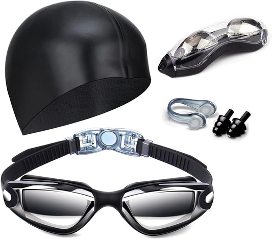 Swim Goggles Swimming Goggles No Leaking with Nose Clip, Earplugs, Swim Cap and Case for Men Women