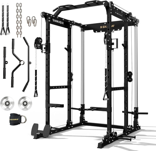 GXMMAT X6 Power Cage, 2200LB Multi-Function Power Rack with Independent Dual Aluminum Pulley System, Squat Rack for Home Gym Strength Training Equipment, Heavy-Duty Steel Construction