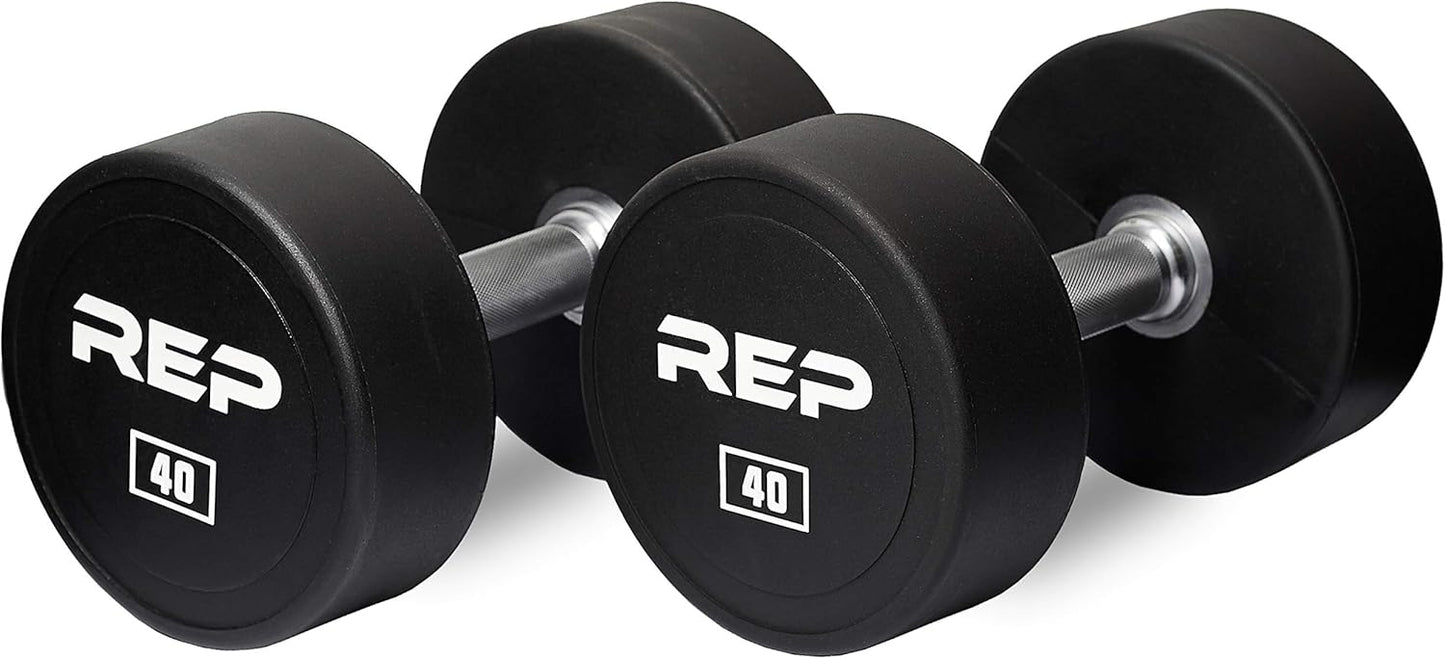 REP Fitness Urethane Coated Round Dumbbells, 5 to 100 lbs, Singles or Pairs, With or Without Rack, Steel Core, Rubber Encased, Chrome Handles, Professional Weights for Home Gym Strength Training