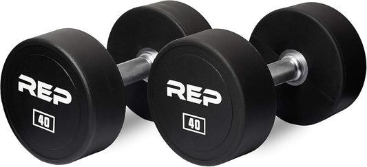 REP Fitness Urethane Coated Round Dumbbells, 5 to 100 lbs, Singles or Pairs, With or Without Rack, Steel Core, Rubber Encased, Chrome Handles, Professional Weights for Home Gym Strength Training