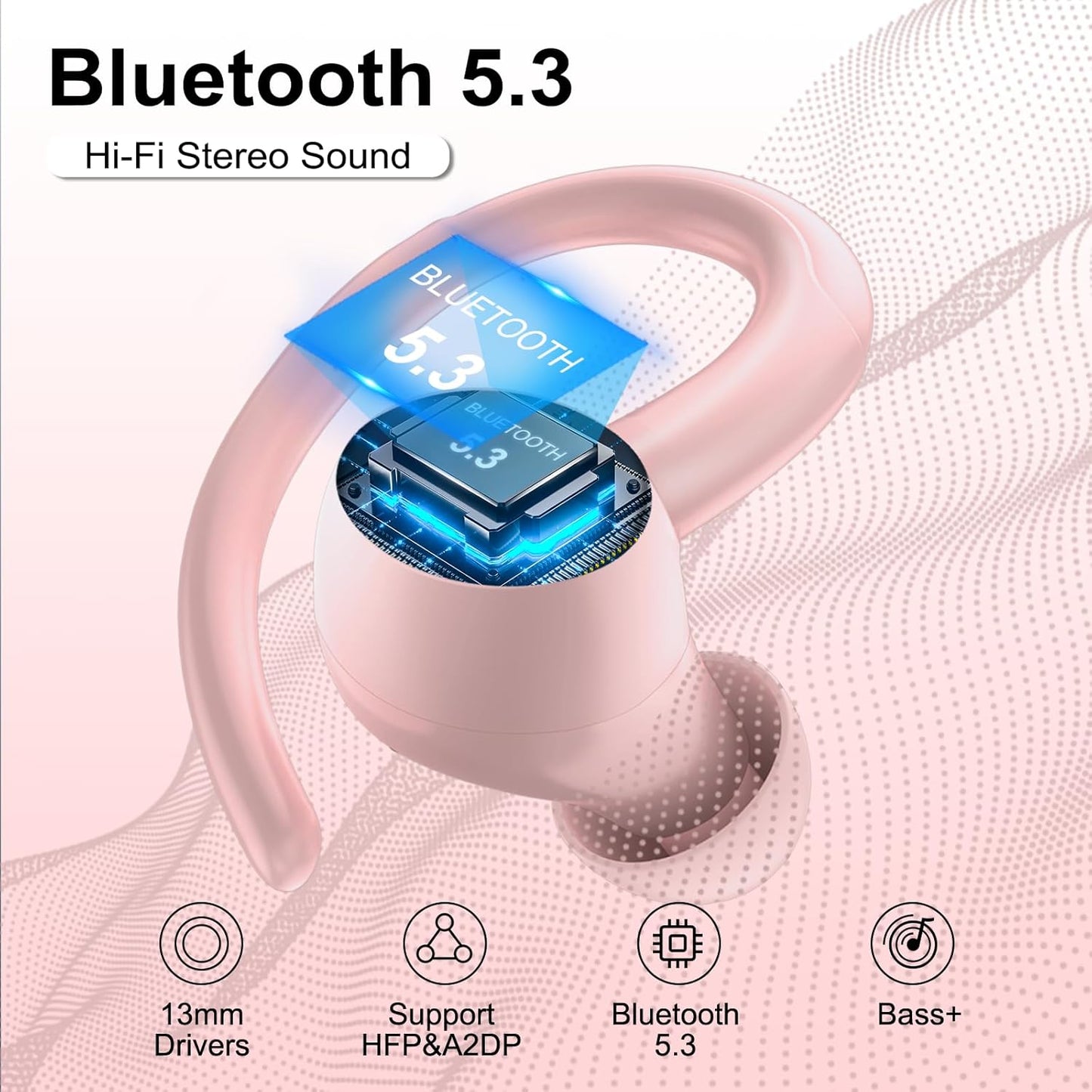 Wireless Earbuds Bluetooth 5.3 Headphones Sports, 48Hrs Playtime Bluetooth Earbuds with CVC 8.0 Mic, 2025 Stereo Bass Over Ear Bud with Earhooks, LED Display, IP7 Waterproof Earphon for Running Rose