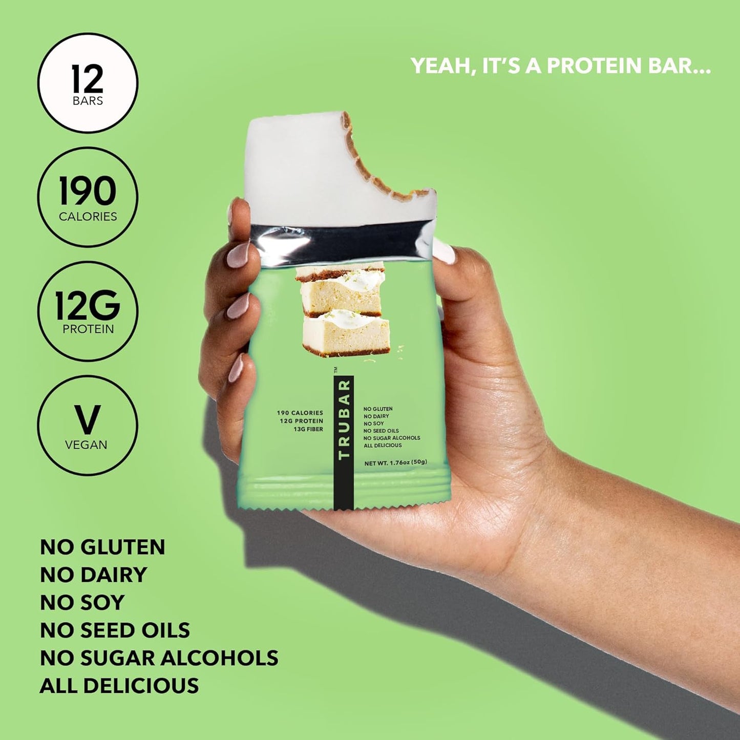 TRUBAR Vegan Protein Bar, Whipped for Key Lime, Gluten Free, Plant Based, High Fiber, Dairy Free, Low Fat, Non GMO, No Sugar Alcohols, 12G Lean Protein, 13G Fiber, Healthy Snack Bars, 12 CT