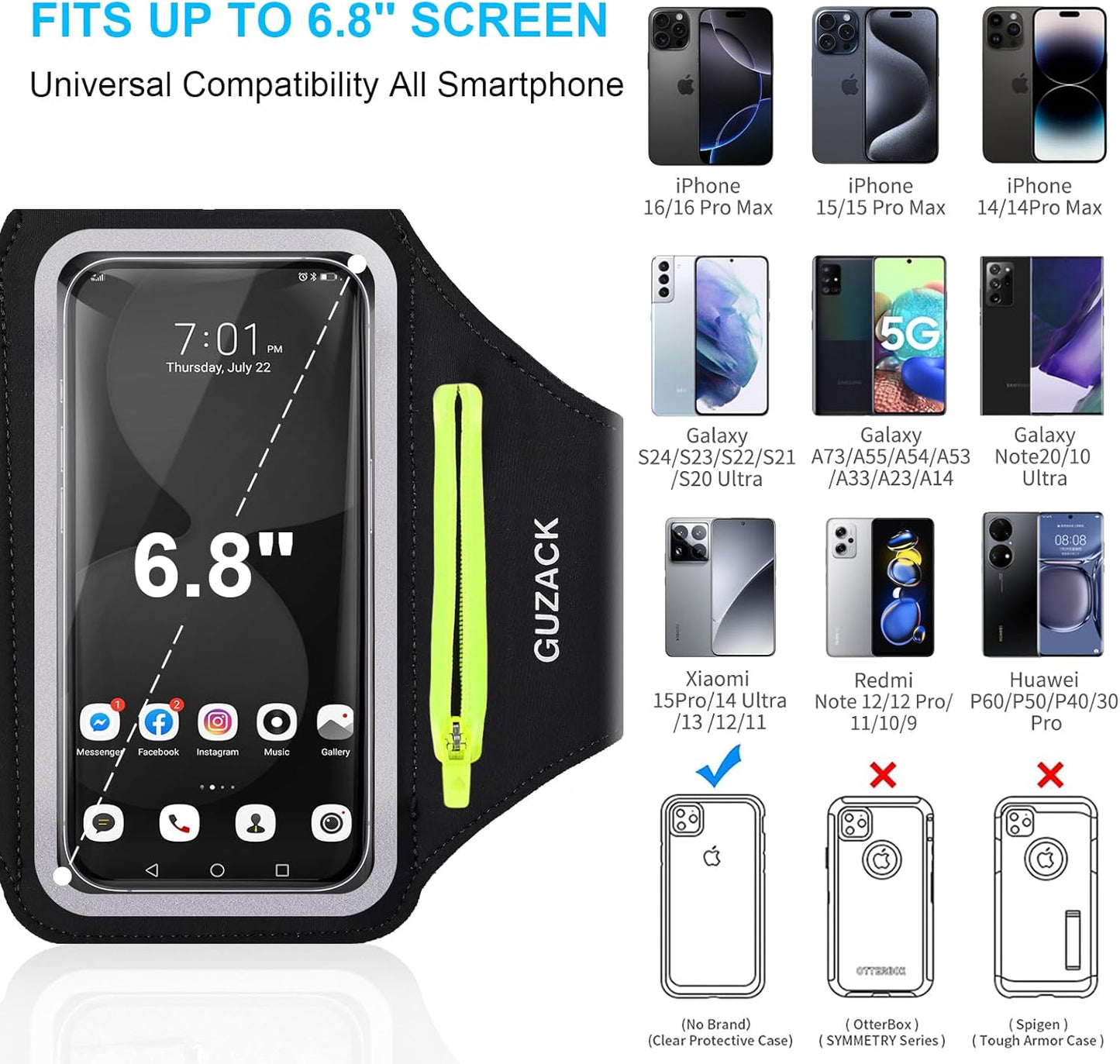 GUZACK Running Armband for iPhone 16 15 14 13 Pro Max, Galaxy S25 S24 S23 S22, with Card Slot & Key Pockets, Running Phone Holder, Fit Up to 6.9 Inches Phone - Size S (Smaller Arm 9-14 in)