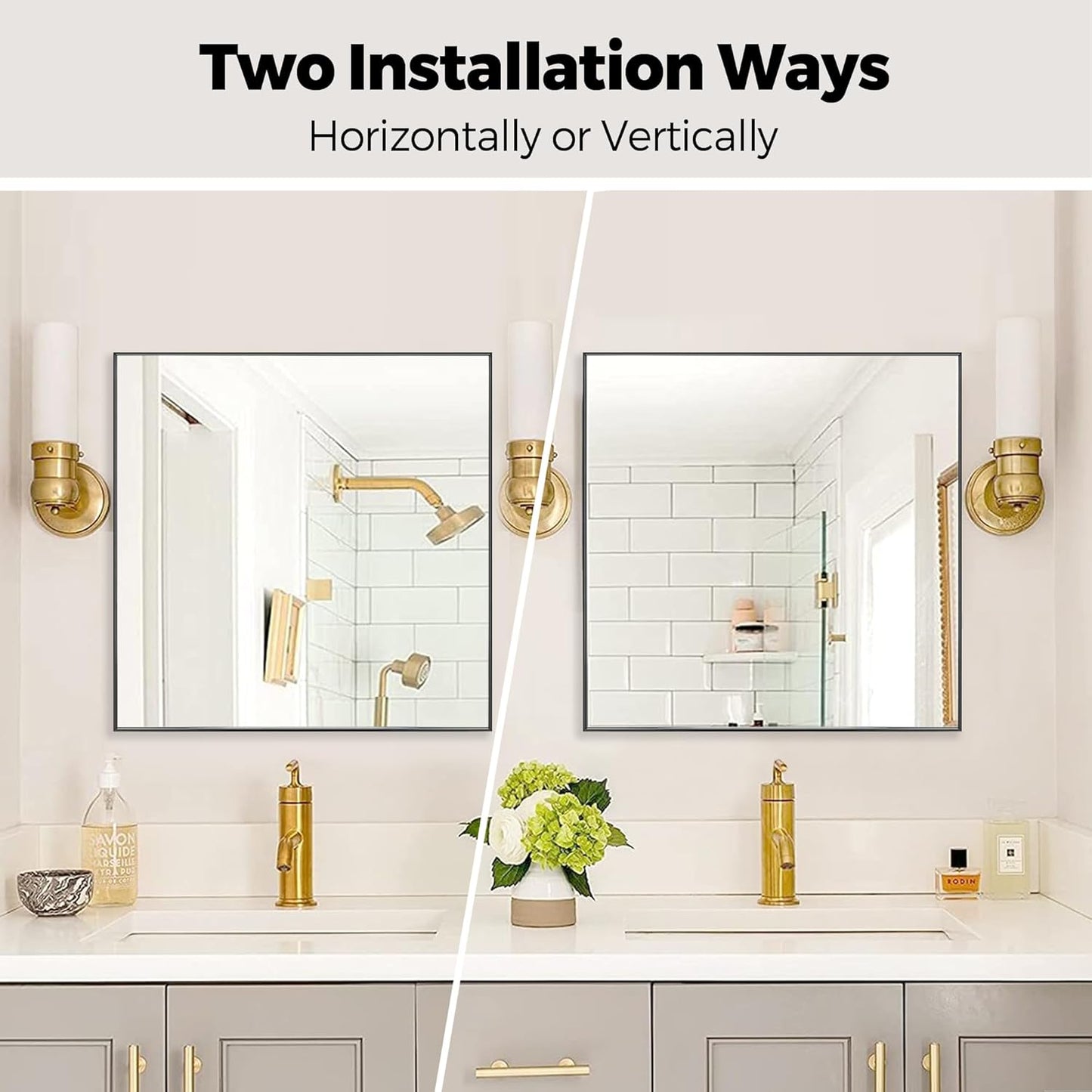 28x28 Inch Black Bathroom Mirror for Wall, Aluminum Frame Rectangle Rectangular Vanity Mirror, Modern Large for Bedroom, Living Room, Horizontal or Vertical