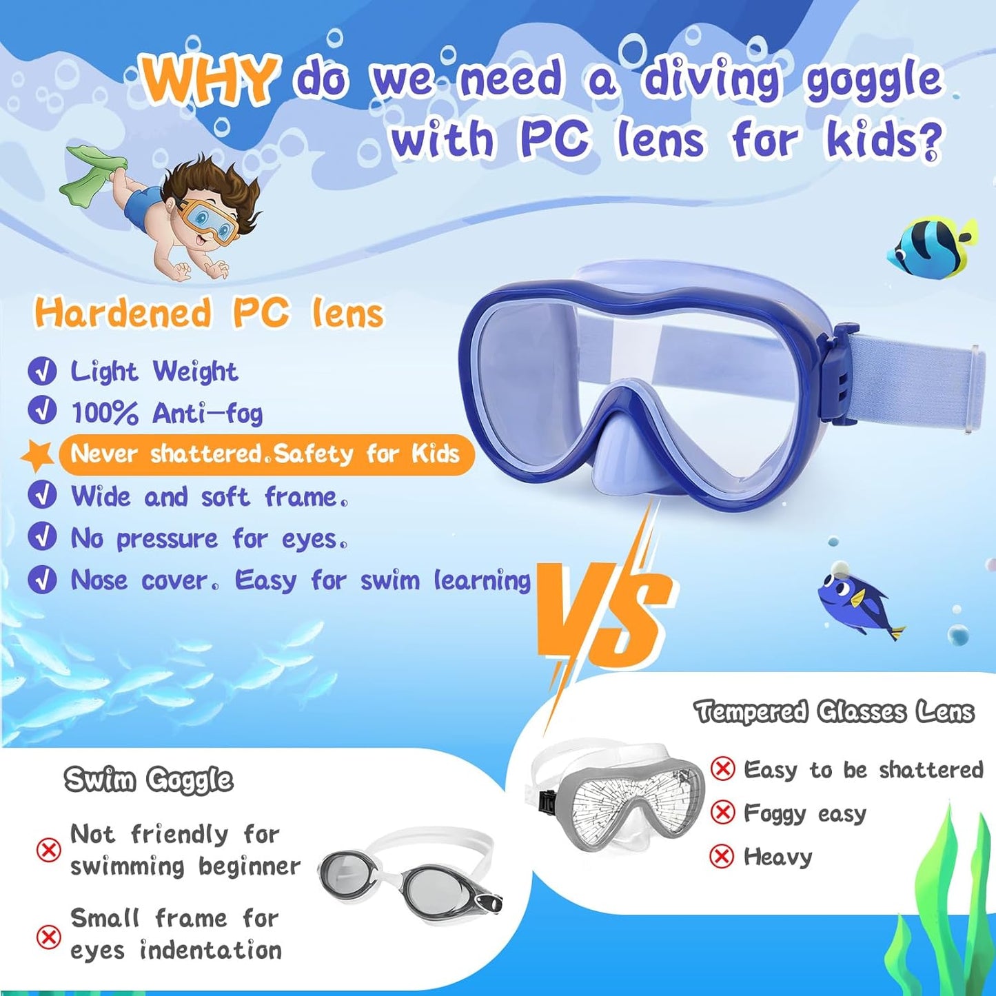 Kids Swim Goggles with Nose Cover, Anti-Leak Swim Mask with Elastic Fabric Strap, UV Protection Swimming Goggles for Kids