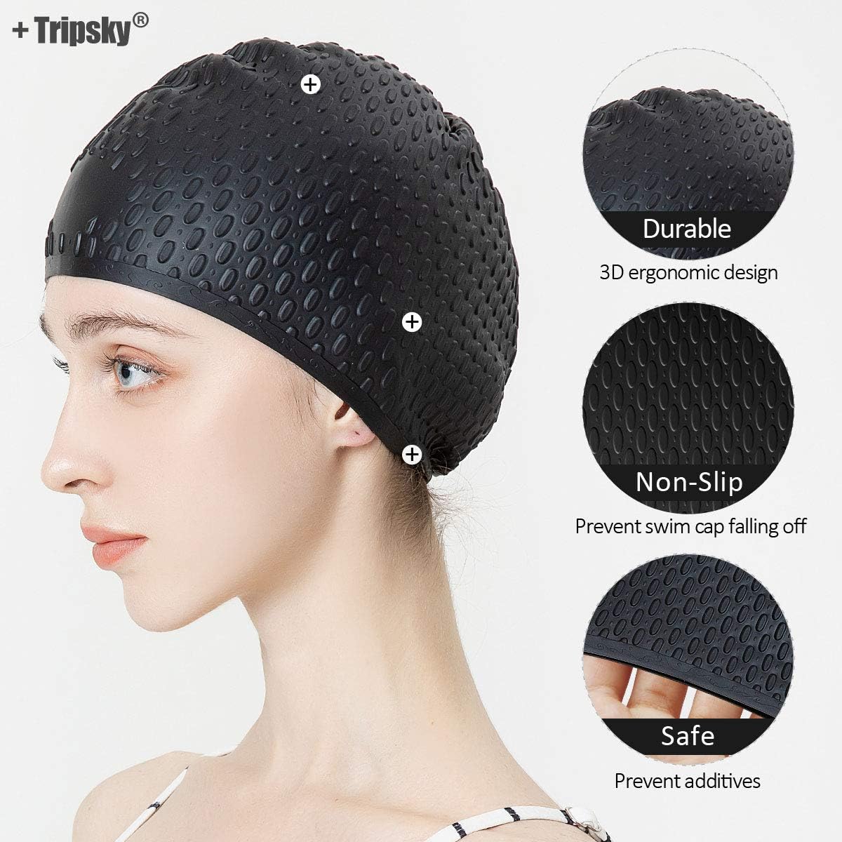 Tripsky Silicone Swim Cap,Comfortable Bathing Cap Ideal for Curly Short Medium Long Hair, Swimming Cap for Women and Men, Shower Caps Keep Hairstyle Unchanged…
