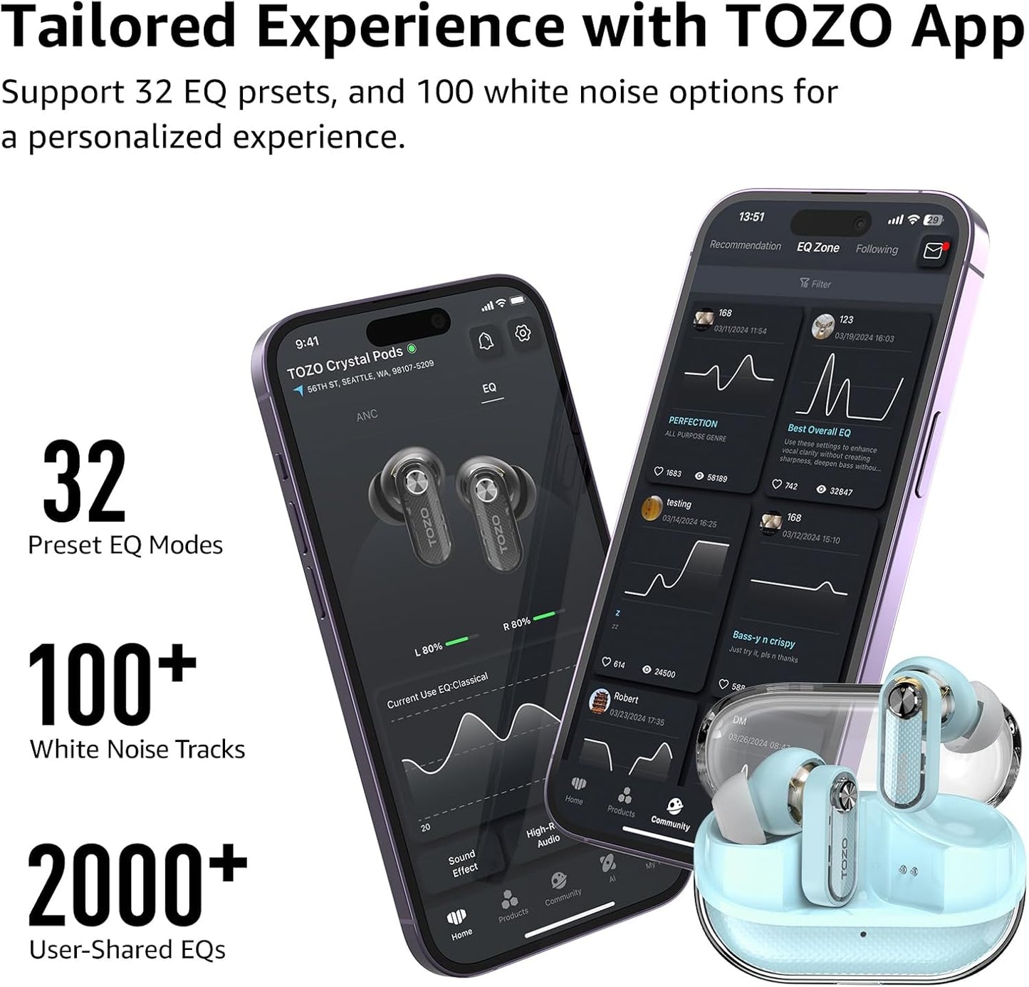 TOZO Crystal Pods Hybrid Active Noise Cancelling Wireless Earbuds, 10mm Drivers Deep Bass Stereo Sound, 4 Mics Smart ENC AI Calls, 32 EQ via App, Bluetooth 5.4 Headphones, Crystal Case Design