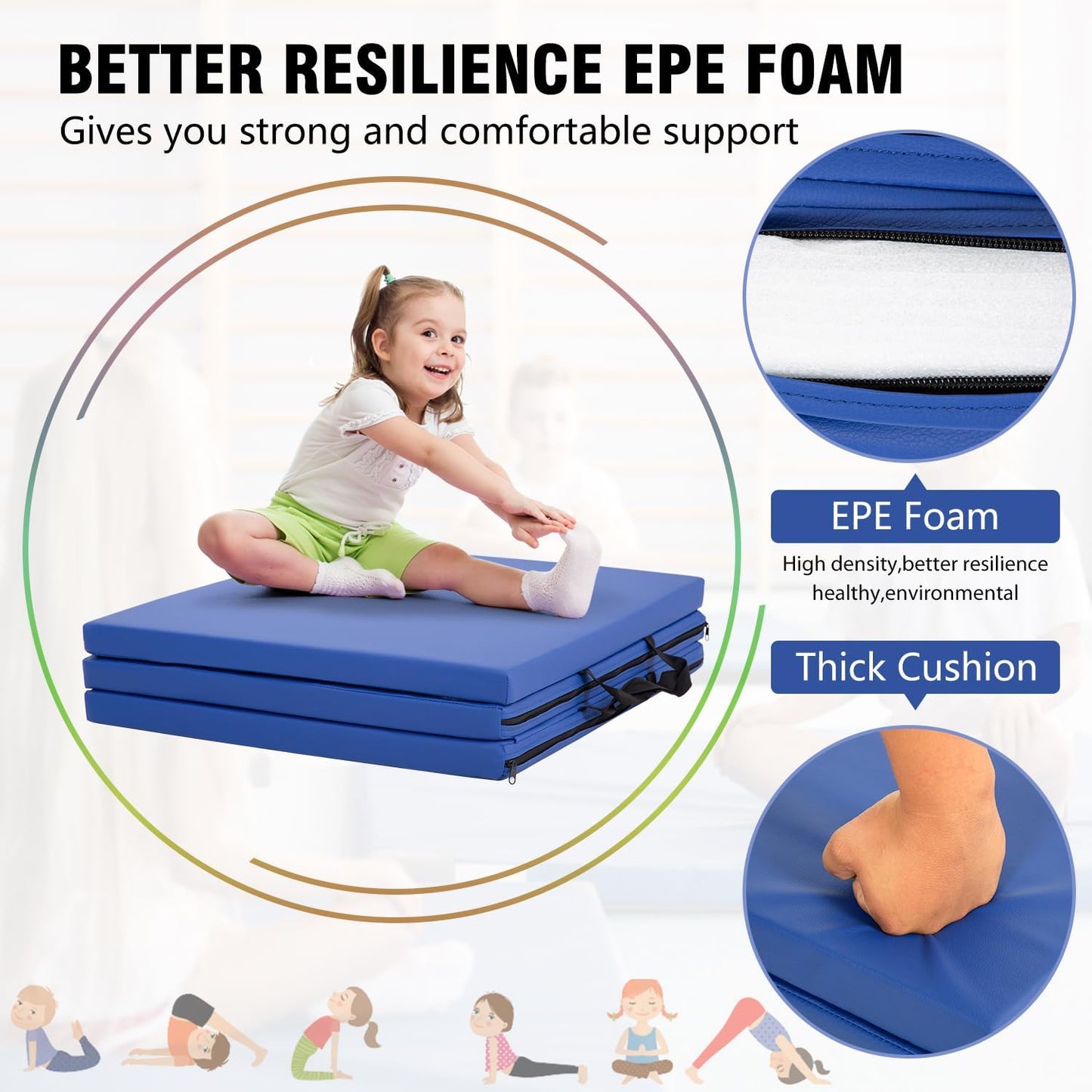 Gymnastics Tumbling Mats Portable Gymnastics Mat Foldable Tumbling Mat 2'x6'/4'x8' PU Leather Exercise Mat Yoga Mat with Carrying Handles for home Workout outdoor Yoga Gymnastics