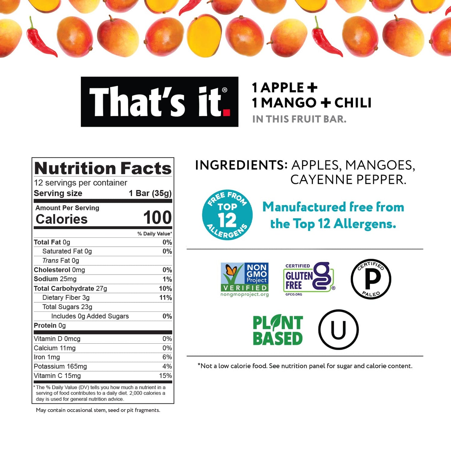 That's it. Apple+Mango+Chili 100% Natural Great Tasting Real Dried Fruit Bar, Vegan, Gluten Free, Paleo, Kosher, Non GMO, No Preservatives, No Added Sugar (12 Packs)