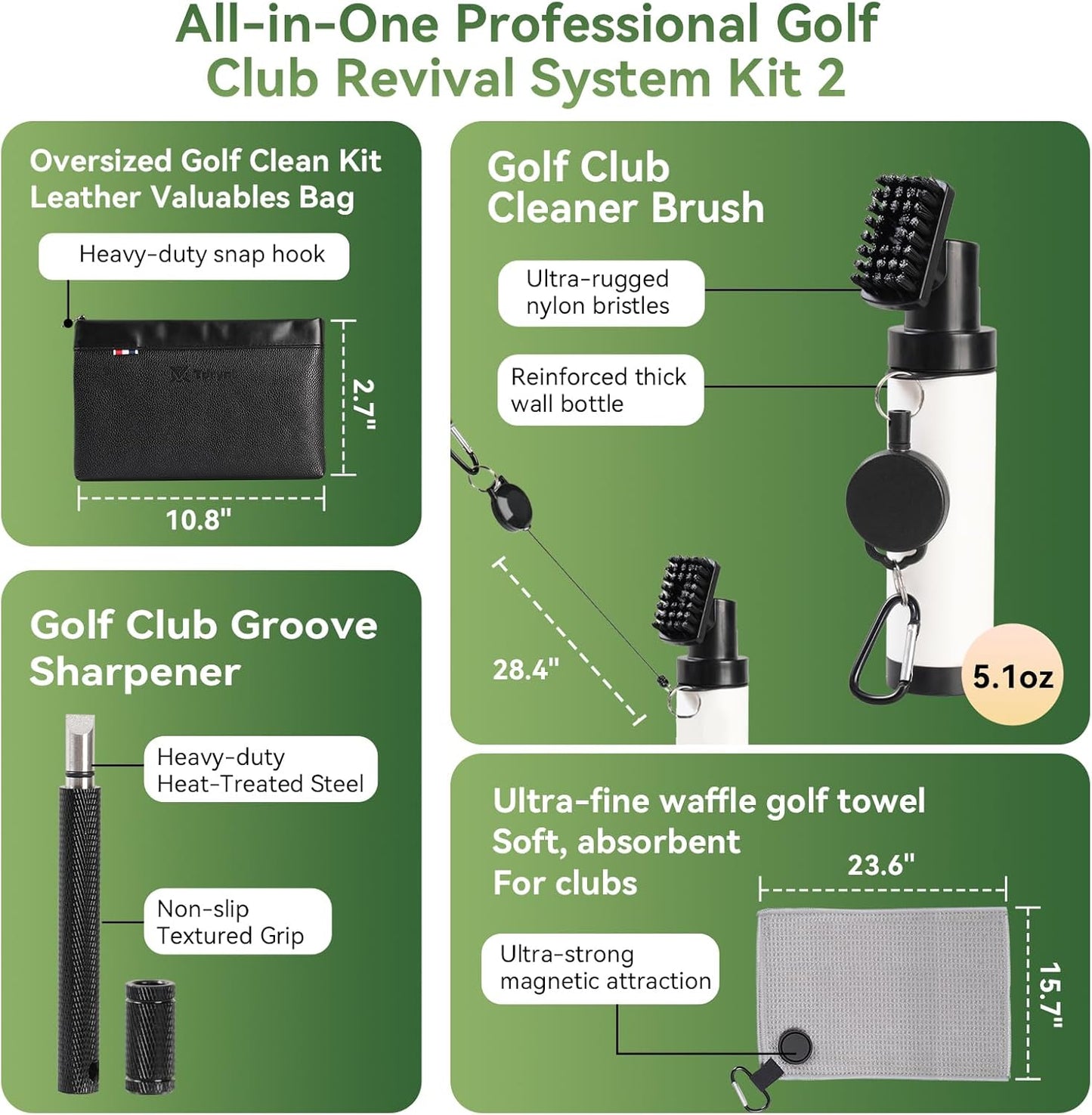 Pro Golf Club Care Kit – Cleaner, Polish, Brush, Groove Sharpener, Grip Cleaner, Magnetic Towel & Leather Bag – Restores Clubs, Removes Rust & Scratches, Renews Tackiness