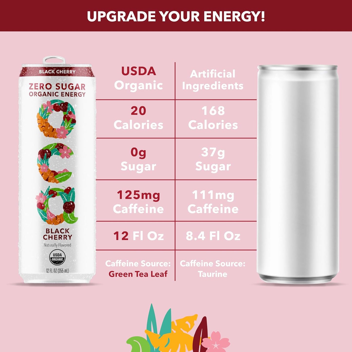 OCA ZERO Black Cherry, Organic energy drink, zero sugar, gluten-free, vegan plant-based, 12 Fl Oz (12-pack)