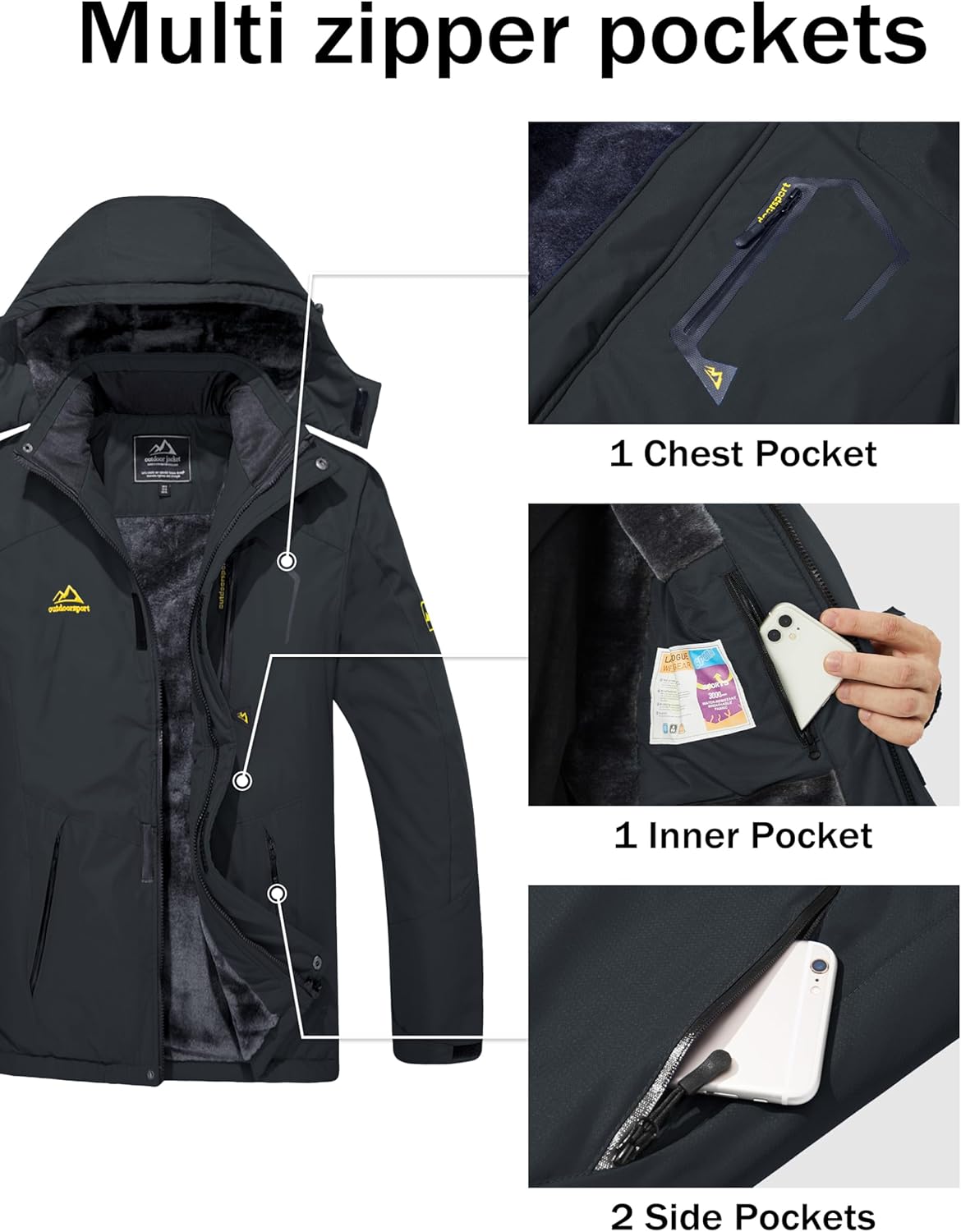 MAGCOMSEN Men's Winter Coats Water Resistant Ski Snow Jacket Warm Fleece Jacket Parka Raincoats With Multi-Pockets