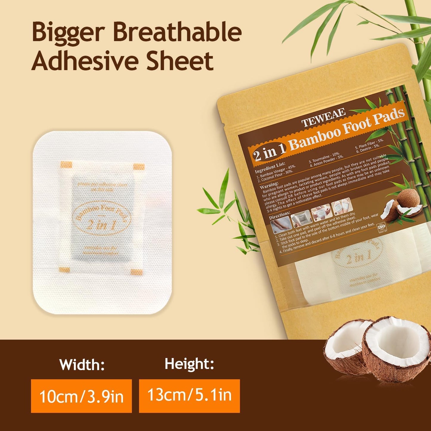 2 in 1 Foot Pads, Bamboo Vinegar Coconut Shell Powder Foot Pads with ''Stay in Place'' Bigger Adhesive Sheet(10 Pads)