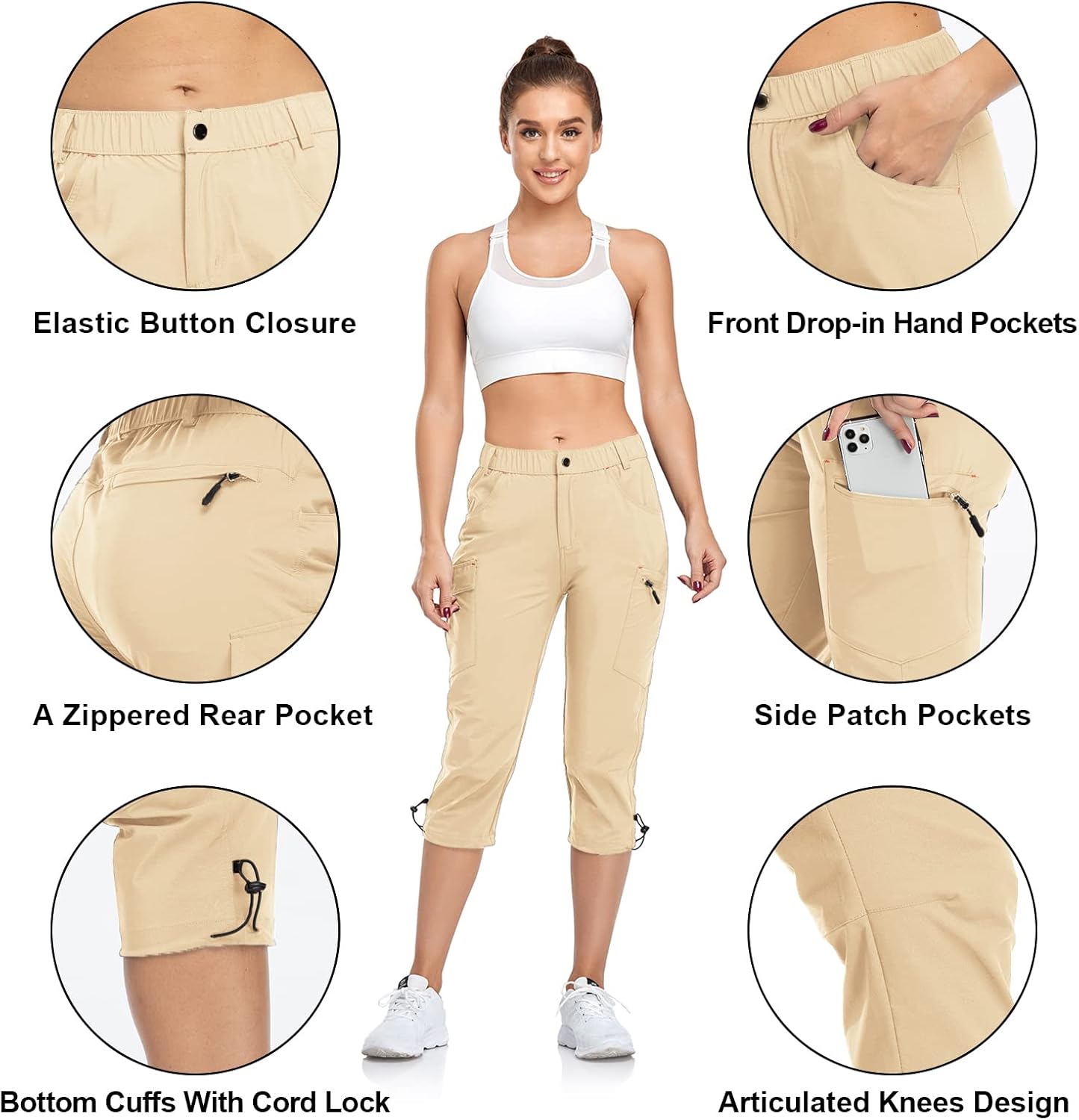 GymBrave Women's Hiking Cargo Pants Quick Dry Outdoor Camping Capris Water Resistant UPF 50 with Zipper Pockets
