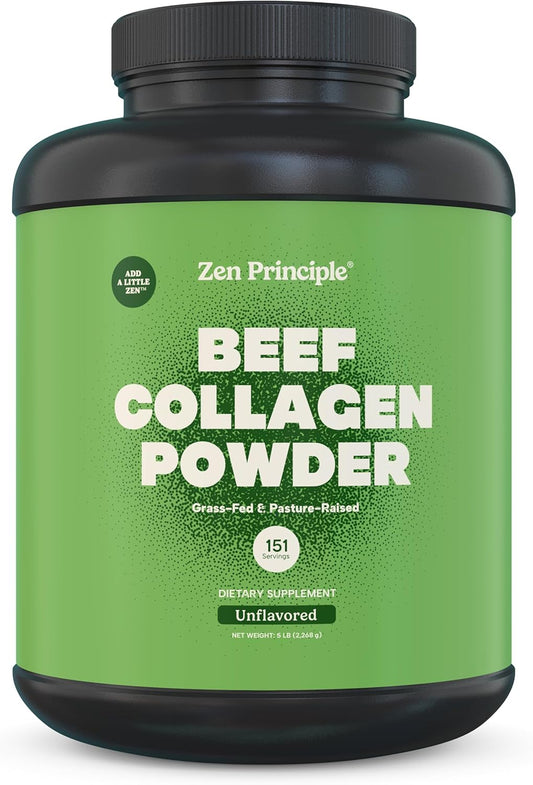 Zen Principle Grass-Fed Agglomerated Collagen Peptides 5 lb. Anti-Aging Hydrolyzed Protein Powder for Healthy Hair, Skin & Joints. Paleo and Keto Friendly, GMO and Gluten Free, Pasture-Raised Bovine.