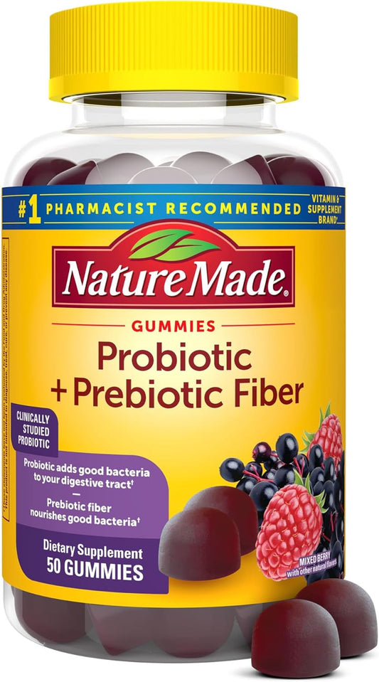 Nature Made Probiotic + Prebiotic Fiber Gummies, Gut Health, Fiber Supplement and Probiotics for Digestive Health, 50 Gummies, 25 Day Supply