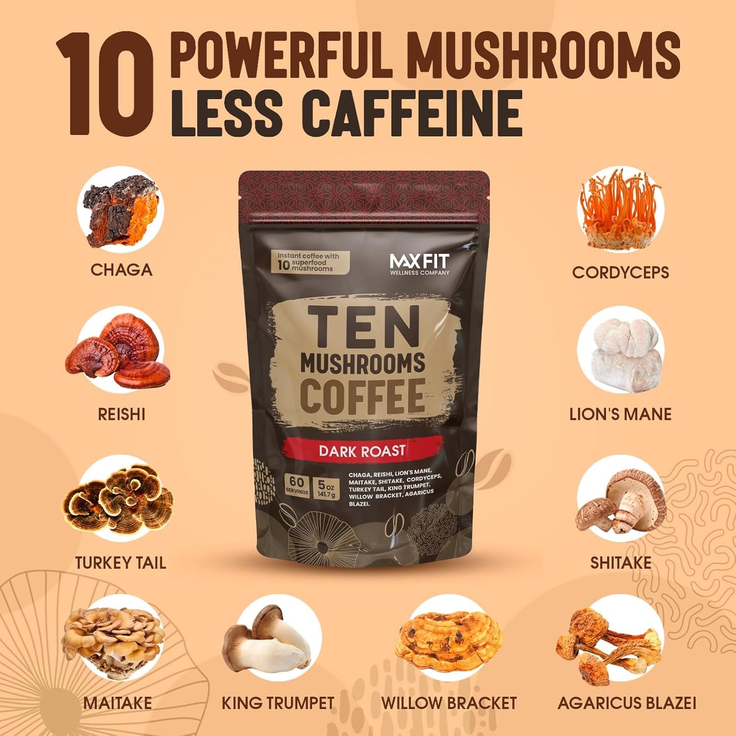 Instant Mushroom Coffee Dark Roast (60 Servings) With 10 Mushrooms (Lions Mane, Cordyceps, Turkey Tail & Other) Mixed With Gourmet 100% Arabica Instant Coffee for Focus & Gut Health Support