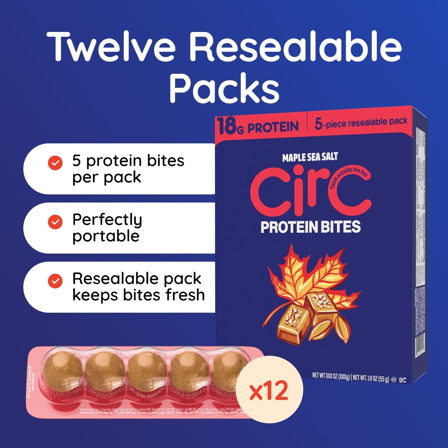 CirC Protein Bites - 12 Count Maple Sea Salt High Energy Balls - 18g of protein 4g Collagen, 5g net carb, Whey & Peanuts - Portable Healthy Snacks in 5-Piece Resealable Packs