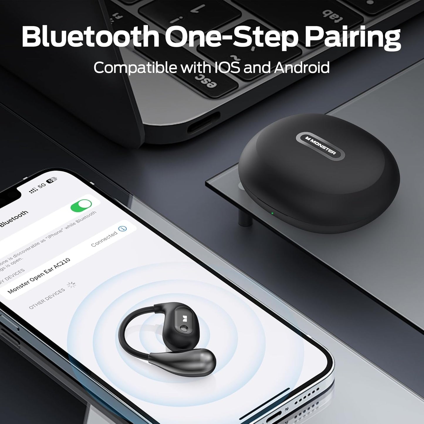 Monster Open Ear AC210 Headphones, Wireless Headphones Bluetooth 5.4 Earphones Stereo Sound,32H Playtime, HD Clear Calls,Fast Charging Touch Control, IPX5 Waterproof Open Ear Earbuds
