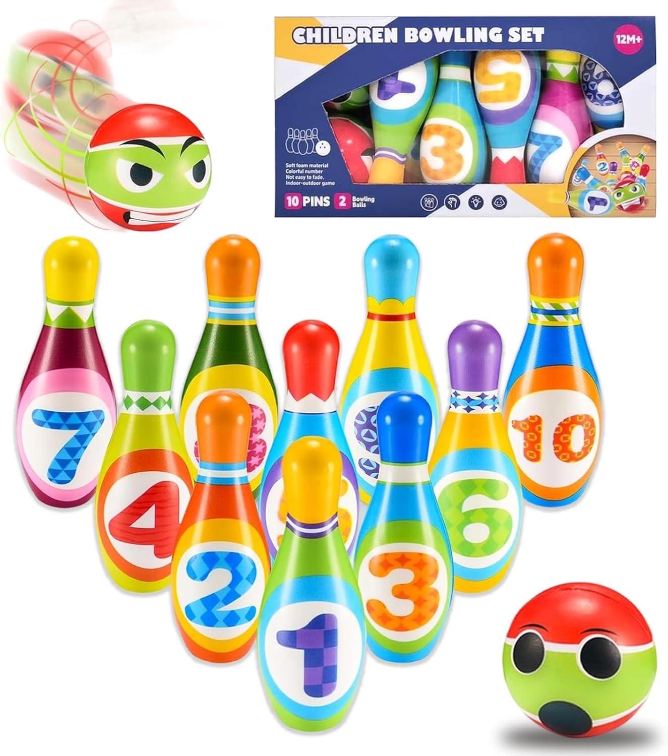 Kids Bowling Set Toy - 10PCS Soft Numbered Pins & 2 Foam Balls for Toddler Boys Girls Age 3-5, Indoor Outdoor Sports Game, Preschool Learning Toy, Birthday Gift for Ages 3 4 5 6