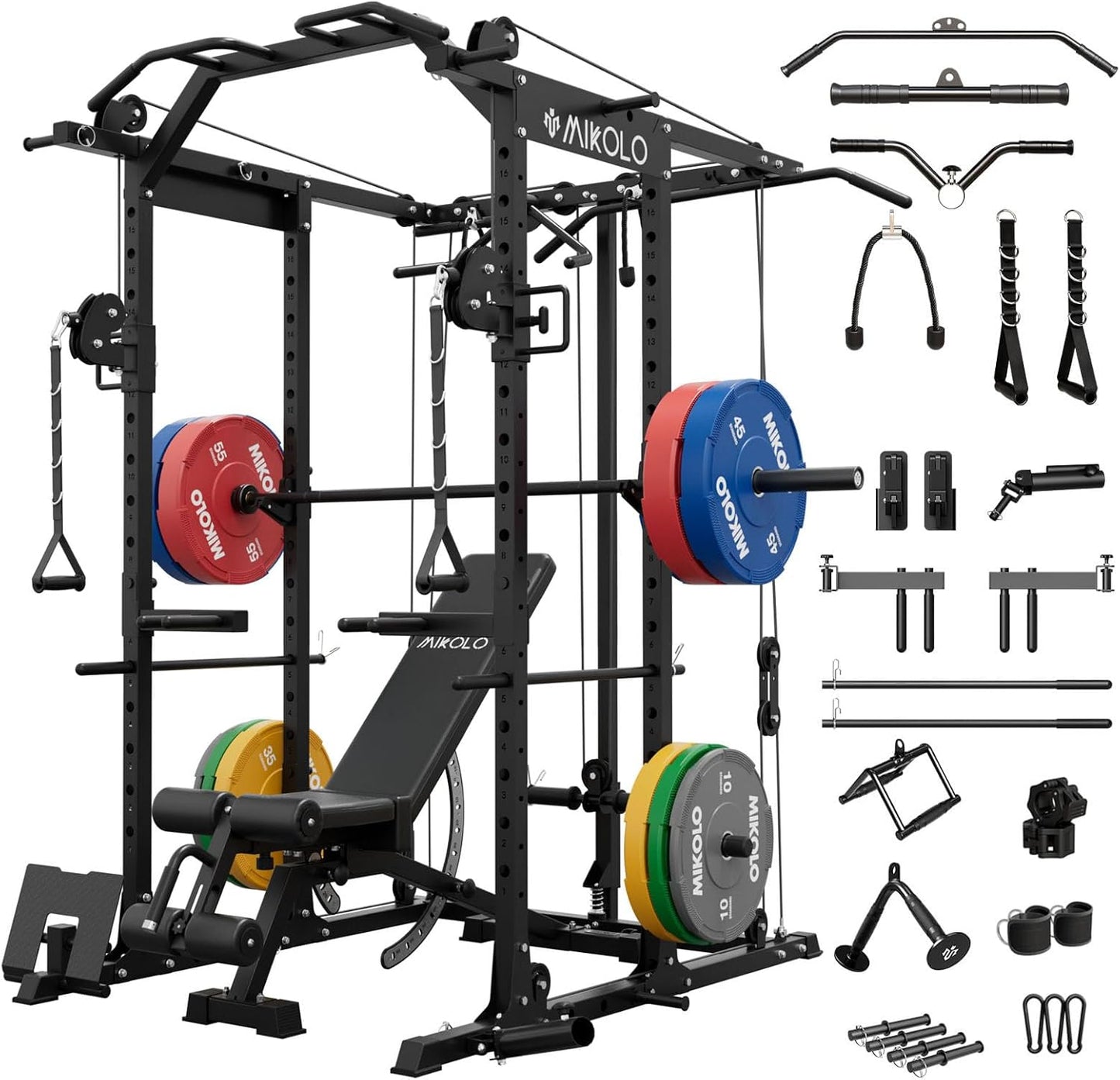 Mikolo Power Cage, Power Rack with Cable Crossover System, 1500LBS Squat Rack with LAT Pull Down System, Workout Cage with Pulley System for Fitness Home Gym