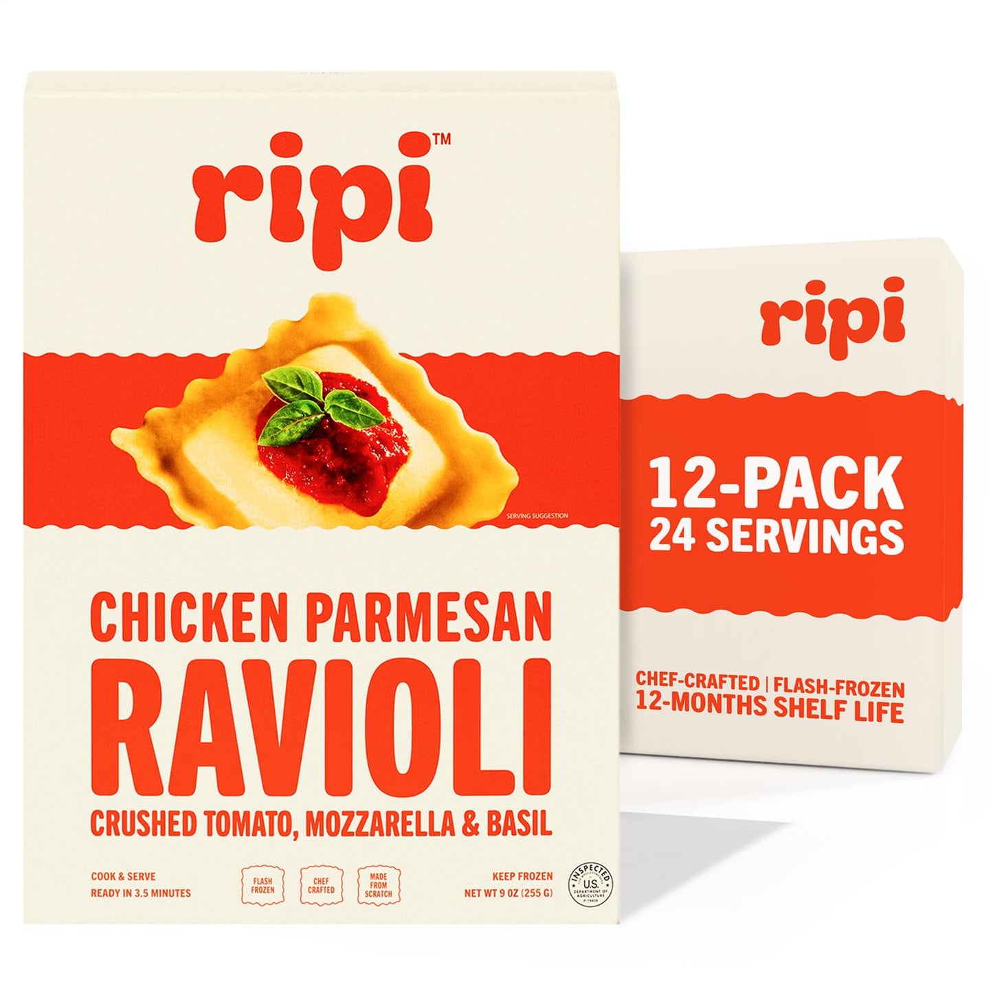 Ripi Chicken Parmesan Ravioli - Crushed Tomatoes, Mozzarella & Basil - Frozen Pasta Meal - Ready in Under 5 Minutes, 9oz packs (12 Pack, Chicken Parmesan)