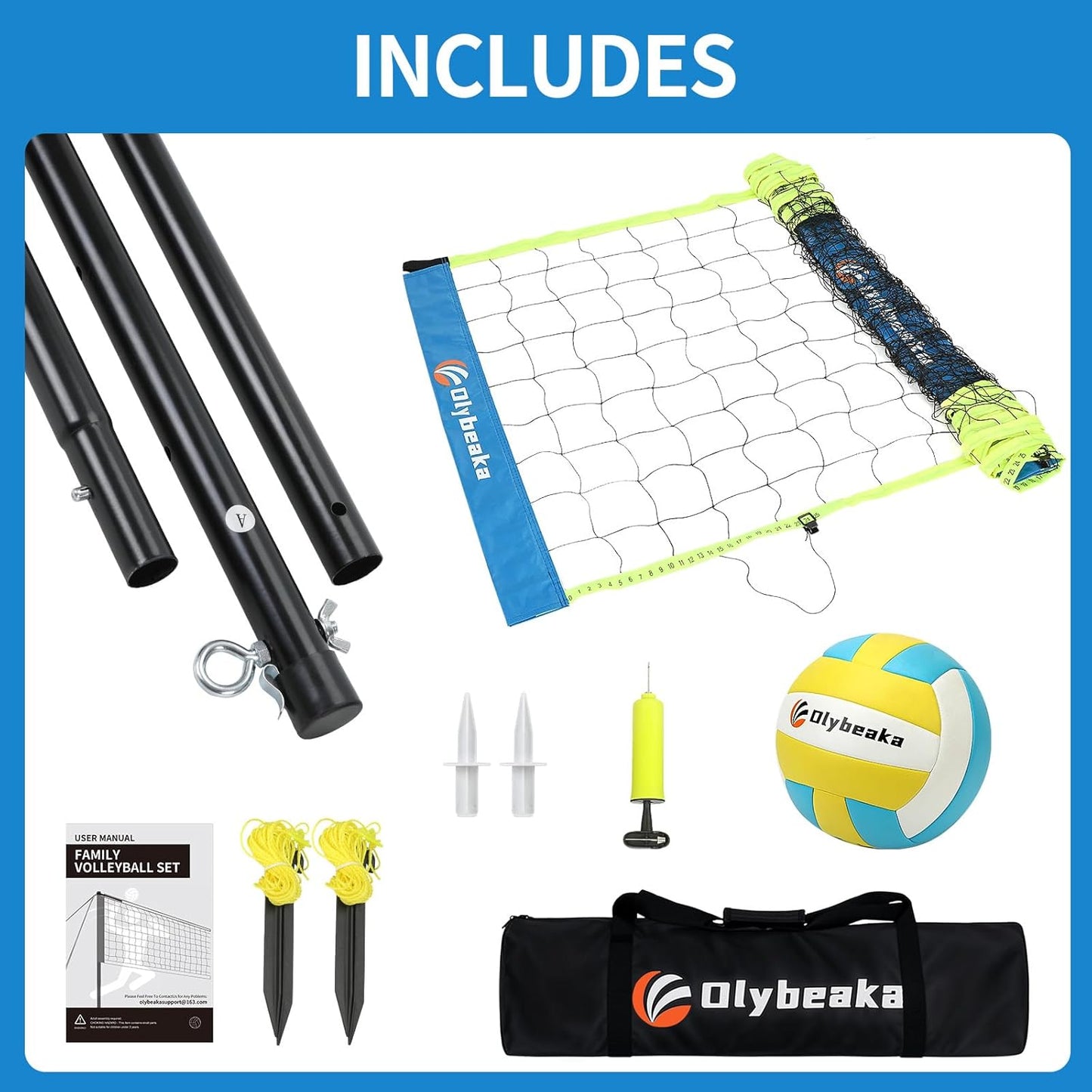 Portable Outdoor Volleyball Net Set for Backyard Beach with Adjustable Poles, Soft PU Volleyball & Pump, Carry Bag and Durable Anti-Sagging Net