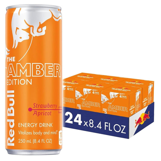 Red Bull Amber Edition Energy Drink, Strawberry Apricot, with 80mg Caffeine plus Taurine & B Vitamins, 8.4 Fl Oz, 6 Packs of 4 Cans (Pack of 24)
