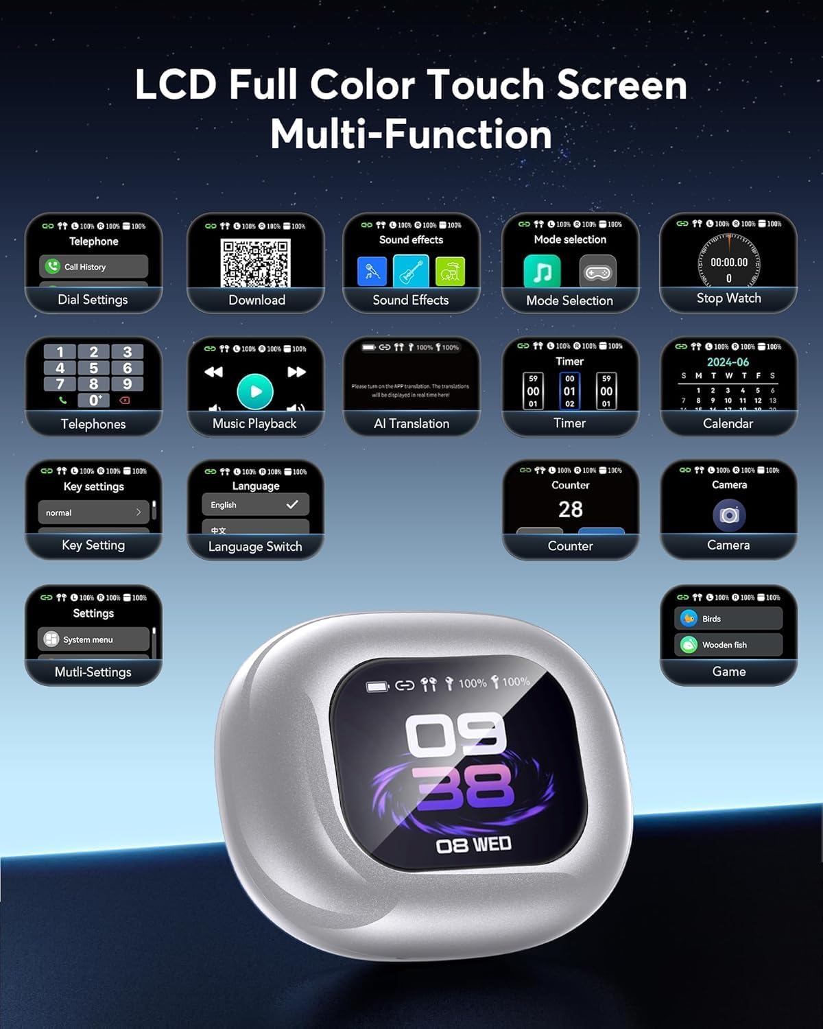 AI Language Translation Earbuds, Bluetooth 5.4 Headphones Translator for 144 Languages & Accents, OWS LCD Touch Screen Real-Time Earphones Fit iOS and Android Ideal for Travel Business Learning,Silver