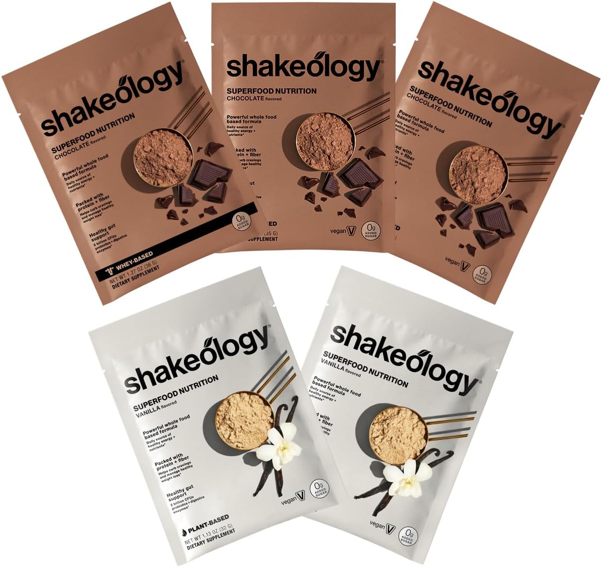 Shakeology 0g Added Sugar Sampler Pack Vegan & Whey Protein Powder, Gluten Free Superfood Protein Shake with Supergreens, Probiotics for Gut Health, Adaptogens, Vitamins, 16g Protein per Serving