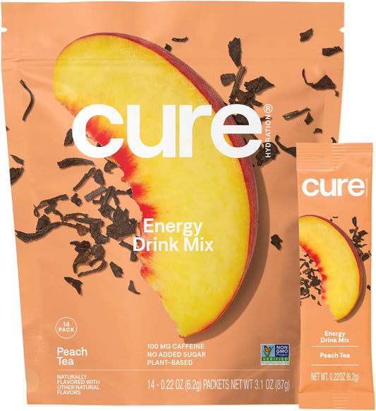 Cure Hydration Performance | Plant-Based Electrolyte Energy Drink Mix | No Added Sugar | Dehydration Relief Powder | 100mg of Caffeine | Non-GMO | Vegan | Pouch of 14 Packets - Peach