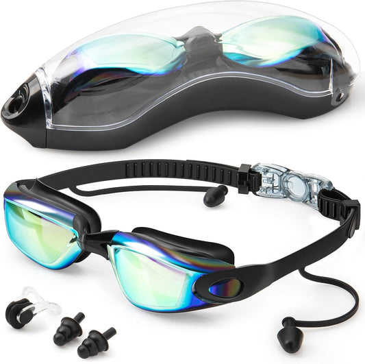 Swim Goggles,Swimming Goggles No Leaking Anti Fog UV Full Protection with Nose Clip Earplugs,Swim Pool Goggles for Adult Men Women Youth
