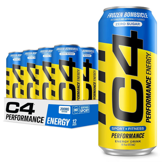 C4 Performance Energy Drink | Zero Sugar Carbonated Preworkout Energy | 200mg Caffeine with Beta Alanine | Frozen Bombiscle | 16 Fl Oz (12 Pack)