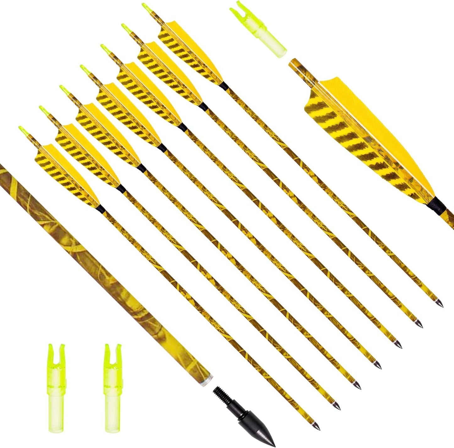 31Inch Carbon Arrow, Practice Hunting Arrows, Camo Turkey Feather Fletching, Arrows for Compound & Recurve Bow with Removable Tips Adjustable Nocks