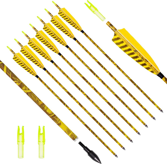 31Inch Carbon Arrow, Practice Hunting Arrows, Camo Turkey Feather Fletching, Arrows for Compound & Recurve Bow with Removable Tips Adjustable Nocks