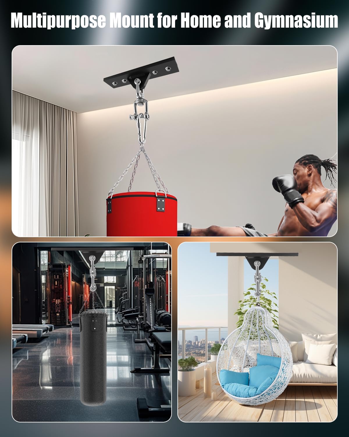 Heavy Bag Hanger, Punching Bag Stand with Locking Clip, 360° Swivel Wall Mount Ceiling Hook for Punching Bag/Aerial Yoga/Hammock/Sandbag/Swing Chair – Heavy-Duty Boxing Bag Mount (900LB Capacity)