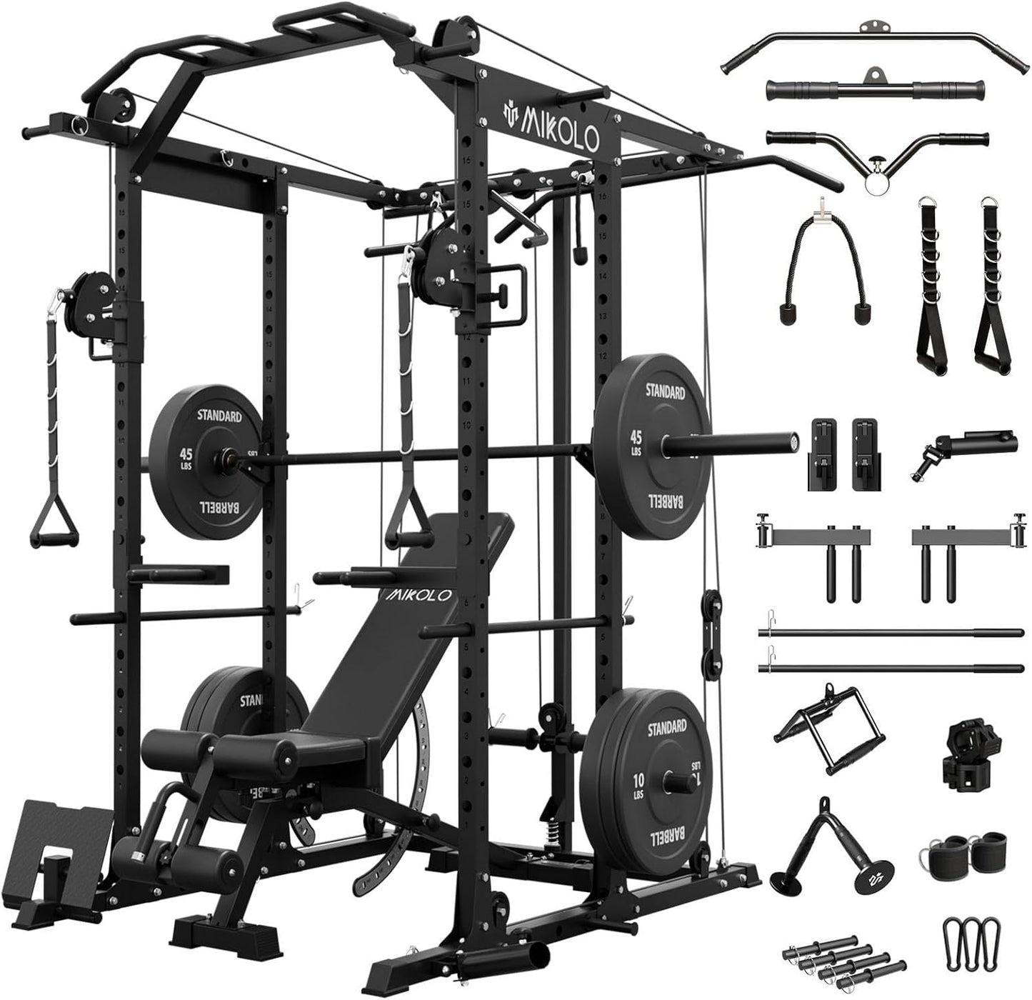 Mikolo Power Cage, Power Rack with Cable Crossover System, 1500LBS Squat Rack with LAT Pull Down System, Workout Cage with Pulley System for Fitness Home Gym