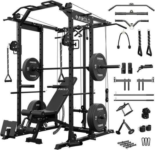 Mikolo Power Cage, Power Rack with Cable Crossover System, 1500LBS Squat Rack with LAT Pull Down System, Workout Cage with Pulley System for Fitness Home Gym