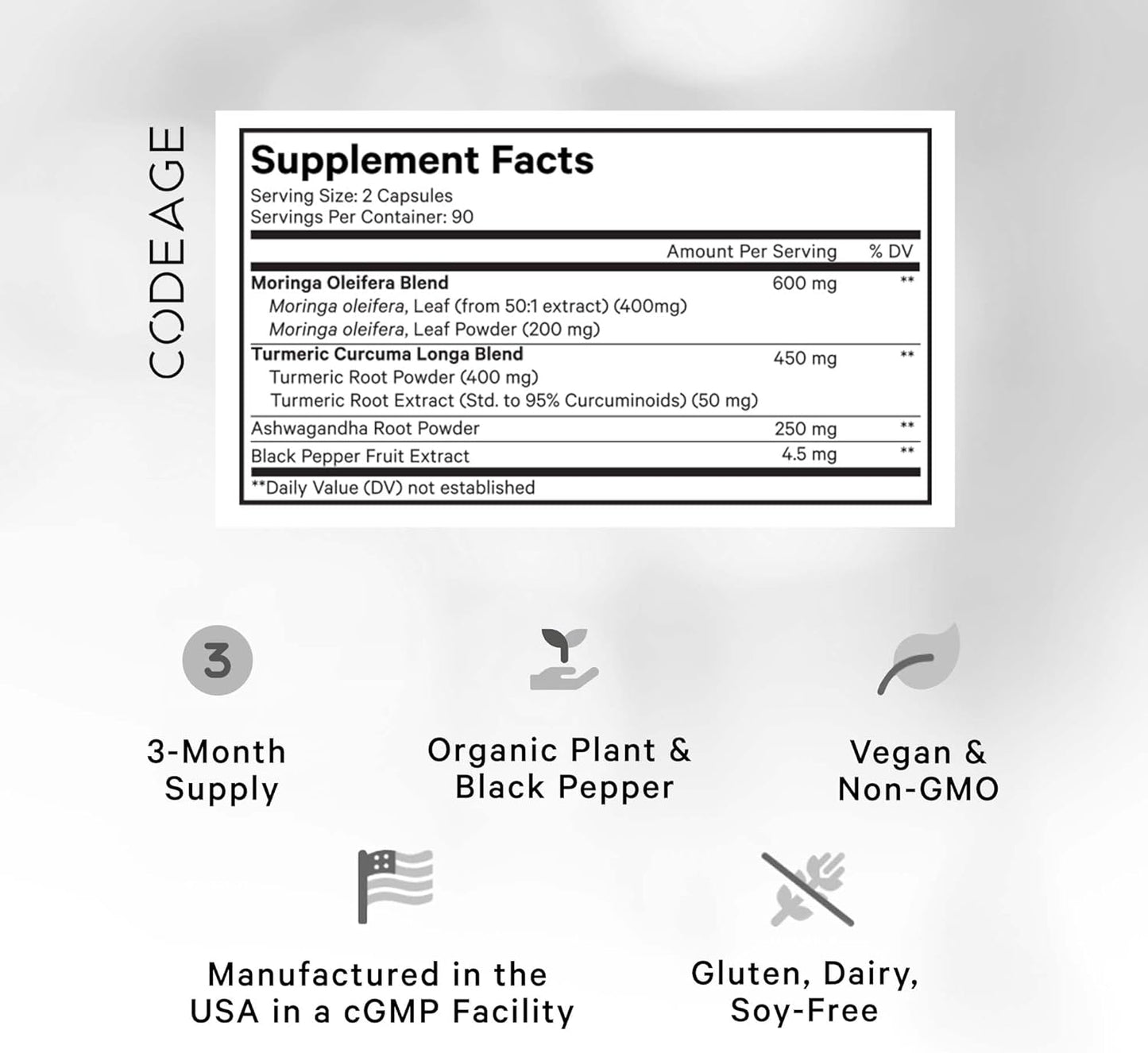 Codeage Liposomal Moringa+ Supplement, 400mg Moringa 50:1 Extract - 20,000mg Moringa Oleifera Leaf Equivalent - Turmeric, Ashwagandha, Black Pepper, 3-Month Supply, Vegan Moringa Powder - 180 Capsules