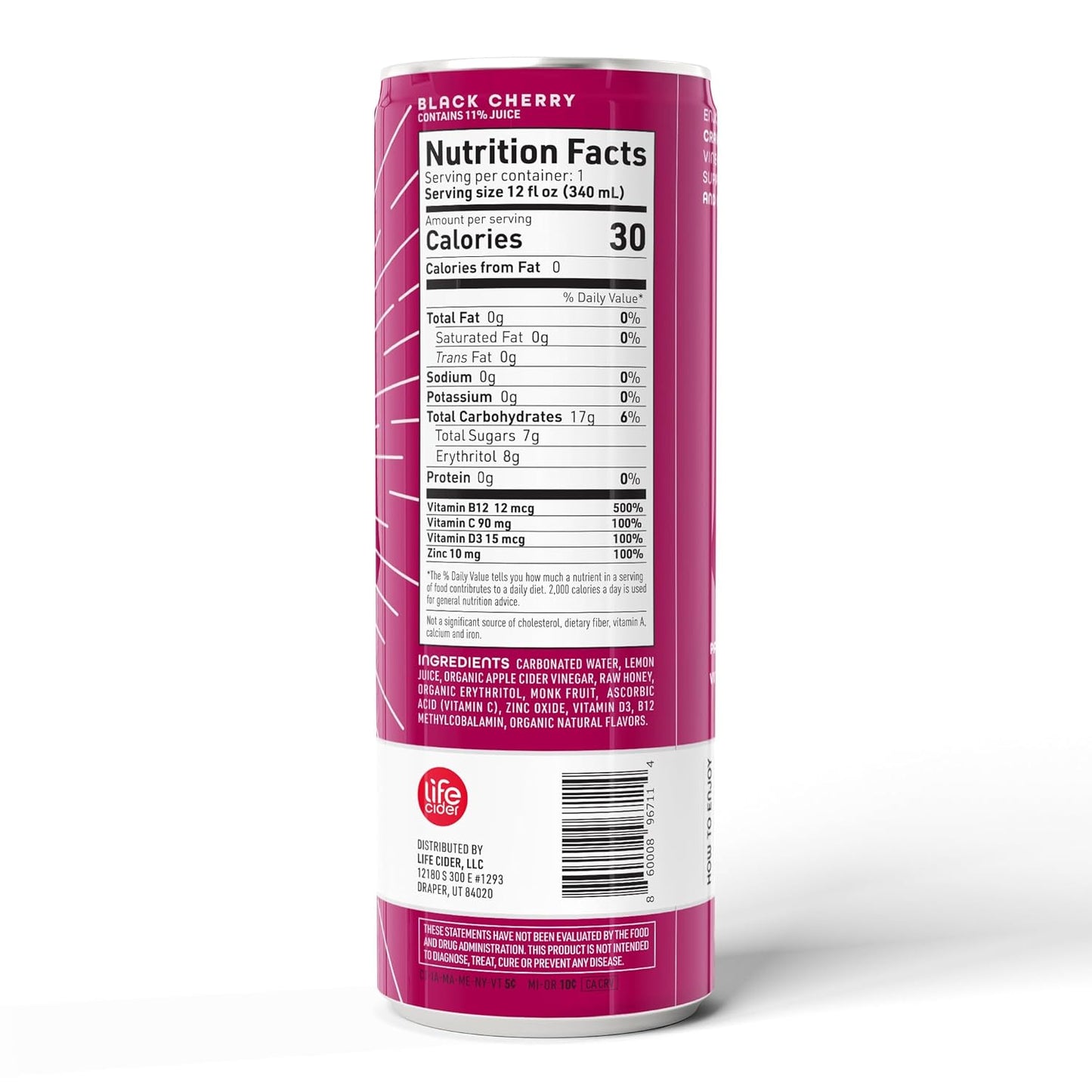 Life Cider | 12 Pack (12 Fl Oz) | Black Cherry | Sparkling Apple Cider Vinegar Beverage | Aids Digestion & Immune System | Vitamin C, D3, Zinc, B12