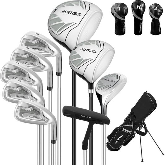 10 Pieces Complete Mens Womens Golf Clubs Set Right Hand for Men Women Includes Stand Bag with Rain Hood, 1#Driver 3#Wood #5 Hybrid,with 3 Head Covers, 6# 7# 8# 9# PW# Irons and Putter