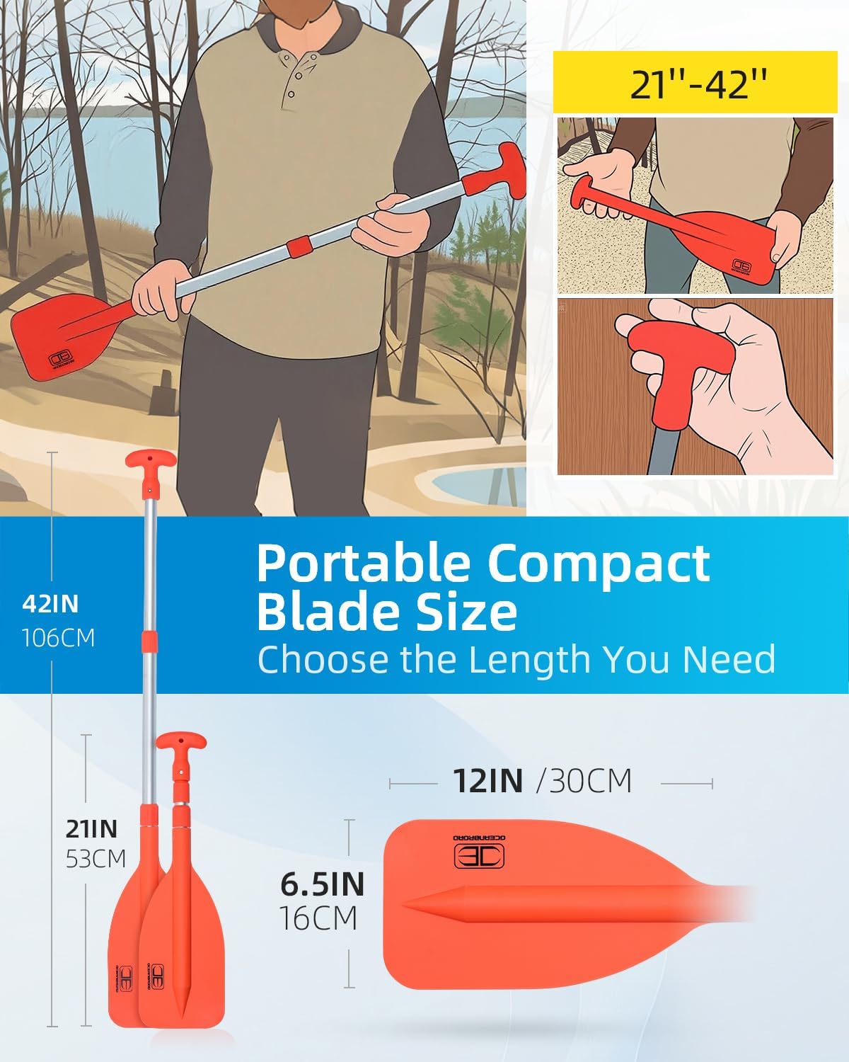 OCEANBROAD Telescoping Emergency Paddle 21''-42''（Assembling Required）/26''-54'' Aluminium Shaft for Kayaking Boating Canoeing River Tubing